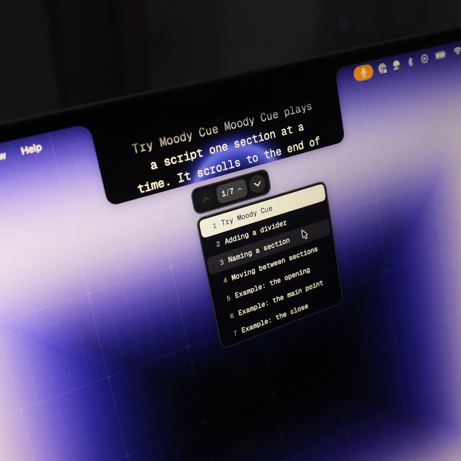 Moody Cue in the Mac notch with a list of script sections open