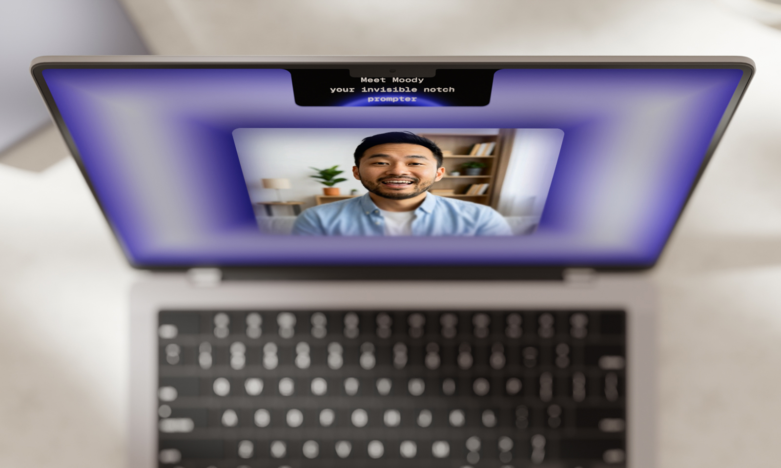 MacBook on a video call with the Moody prompter in the notch